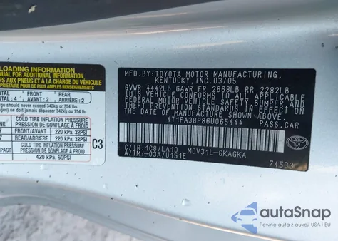 2006 Toyota Camry Solara Sle из США, поврежденный, VIN 4T1FA38P86U065444